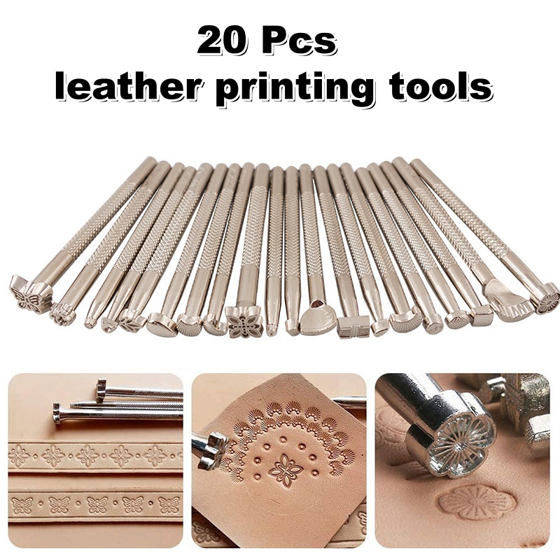 Leatherwork Embossing - 20個入り革刻印工具セット、革細工用サドル製作スタンプ、彫刻印刷ツール、DIY手縫いセット