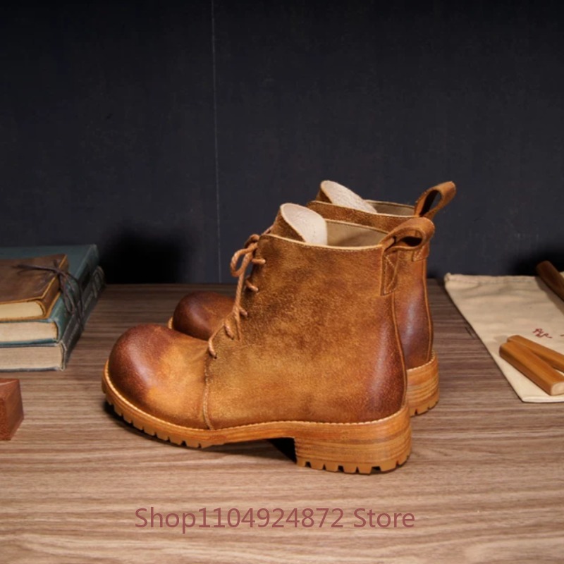 Leather Work Western - 手作りレトロデザートブーツメンズ本革耐摩耗性厚底牛革ウエスタンオートバイブーツ男性作業靴