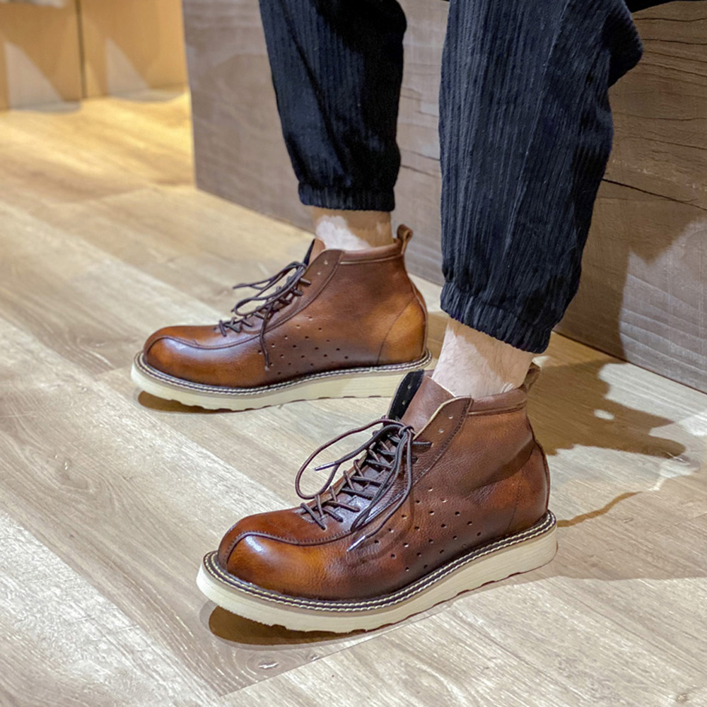 Leather Work Western - メンズ本革中空チェルシーブーツ英国風ハイカットレザーシューズアウトドアアンクルウエスタンワークブーツ