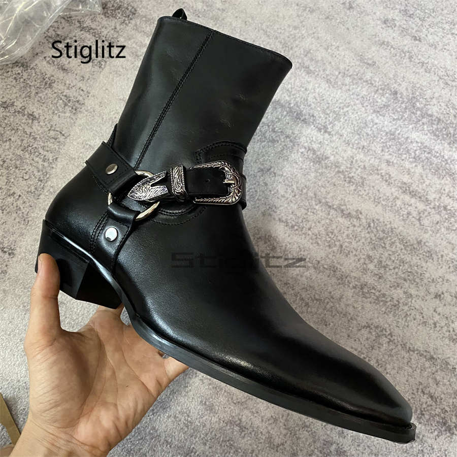 Leather Work Western - メンズベルトバックルアンクルブーツブラック本革ジップビジネスローヒール手作りウエスタンブーツワークドレスビジネスシューズ