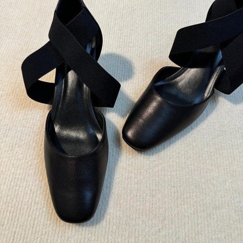 Leatherwork In French - レディースクロスストラップブロックヒールサンダル、レザー製スクエアトゥカットアウトシューズ、ミニマリストフレンチスタイル、オフィス通勤用クローズドトゥヒール