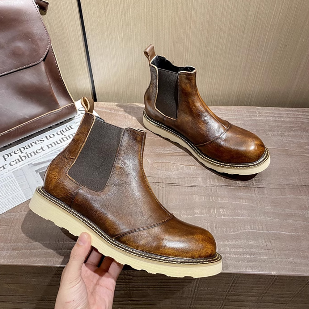Leather Work Western - レトロメンズ本革チェルシーブーツハイカットレザーシューズアウトドアプラットフォームアンクルウエスタンワークブーツ伸縮性オックスフォード