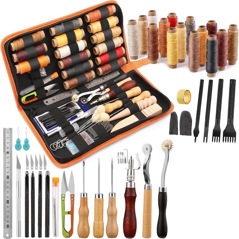 Leatherwork Beginner Tools - AB08-革細工ツールキット 66点セット ワックス糸、溝切り工具、千枚通し＆パンチ 革細工初心者＆大人向け
