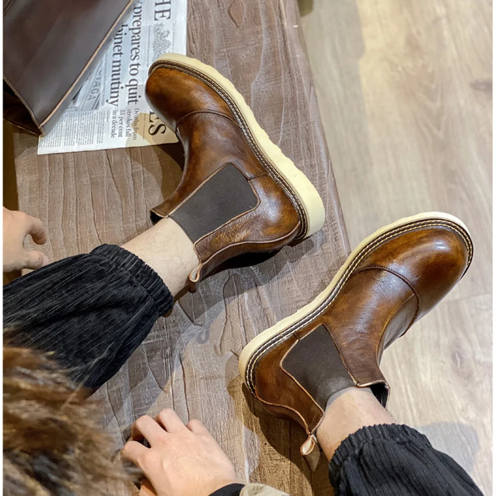 Leather Work Western - レトロメンズ本革チェルシーブーツハイカットレザーワークシューズアウトドアプラットフォームアンクルウエスタンエラスティックオックスフォードブーツ