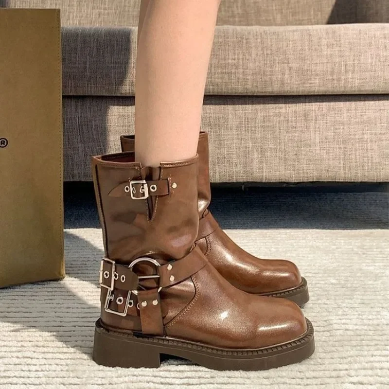 Leather Work Western - 女性用レザーアンクルブーツ,ローヒールブーツ,ラウンドトゥ,ブラック,ラグジュアリー,エレガント,パンク,ワークファッション,直送,センターシューズ,秋