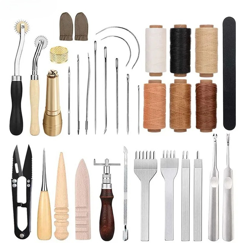 Leatherwork Beginner Tools - 25点入り革細工ツールセット 初心者向けDIYレザークラフトキット 30mワックスコード付き 縫い針 グローバー 穴あけパンチ