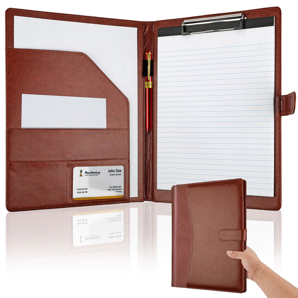 Leather Work Folder - 多機能レザーフォルダー、A4サイズの筆記パッドカバー付き、罫線入りノートパッド1枚入り、銀行カードやその他の収納が可能