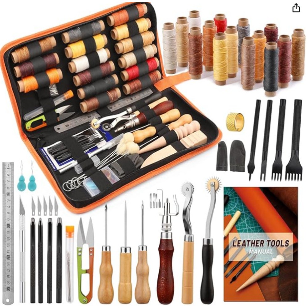 Leatherwork Beginner Tools - 革細工ツール 実用的なレザークラフトキット ワックス糸付き グルーバー ピンセット ステッチパンチ穴