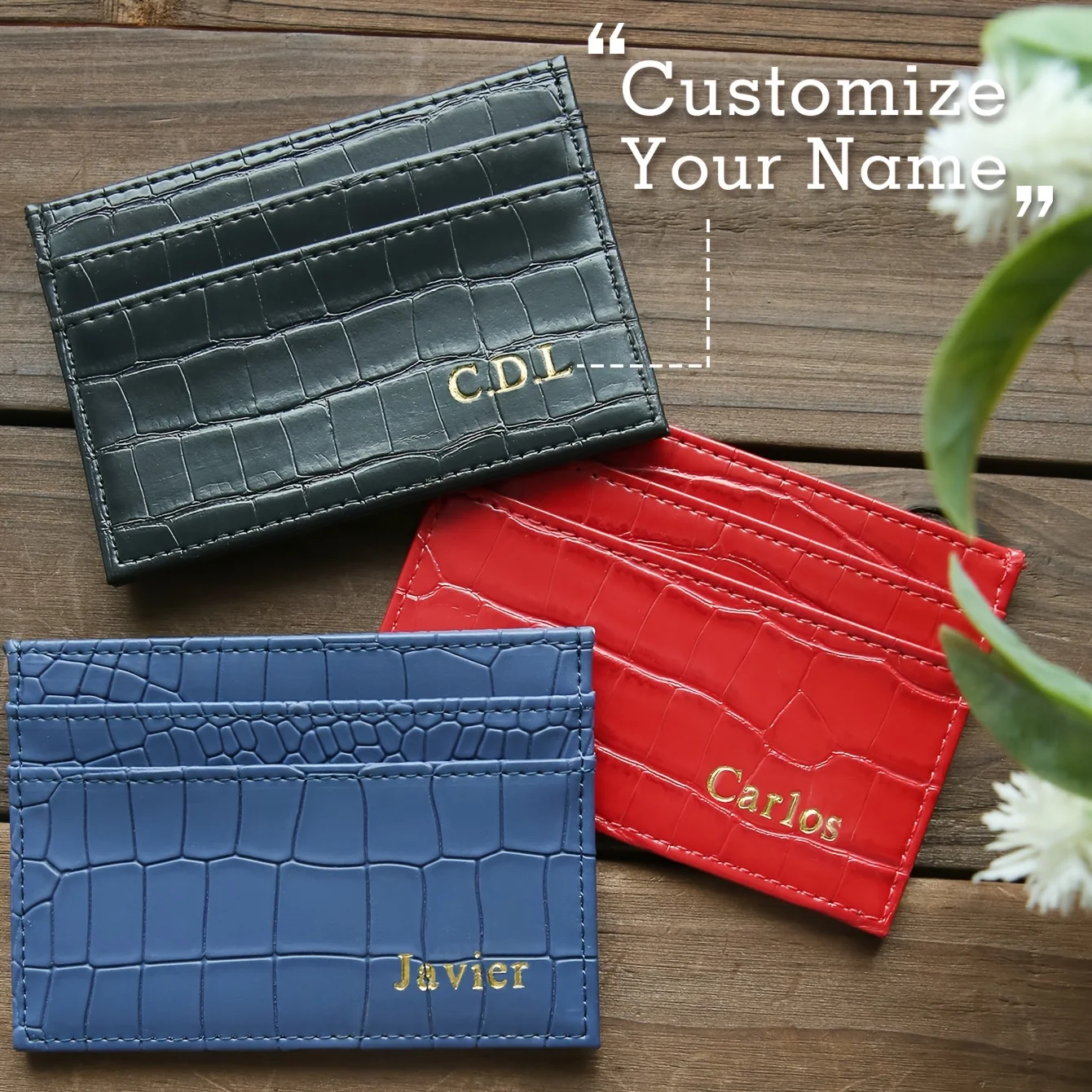 Leatherwork Embossing - 1PC カスタム名入りフェイククロコダイルレザーカードホルダー アリゲーターテクスチャ スリムカードウォレット ホットスタンピング名入り シックカードレザーウォレット