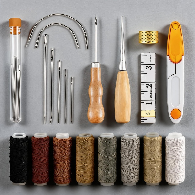 Leatherwork Beginner Tools - レザークラフト作業用ツール、ステッチング縫製キット、修理セット（ワックス糸、グルーバー、千枚通し付き）、初心者・プロ向け