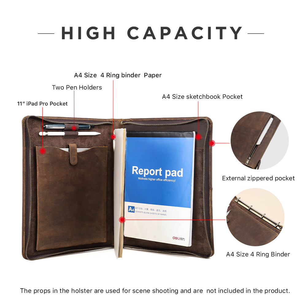 高級A4牛革ビジネスレザーポートフォリオ、4リングバインダー - Leather Work Folder のレビューと価格