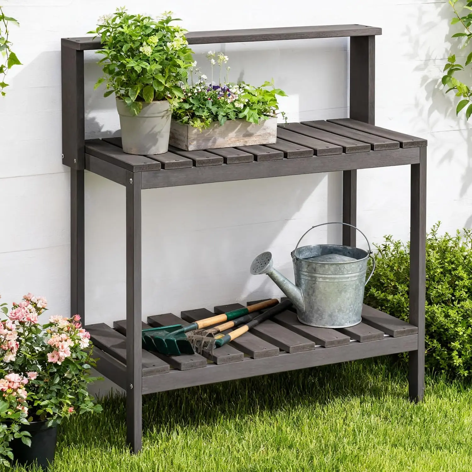 屋外用植栽台、ポーチ用HDPE製パティオ植栽テーブル、グレー - Leatherwork Bench のレビューと価格