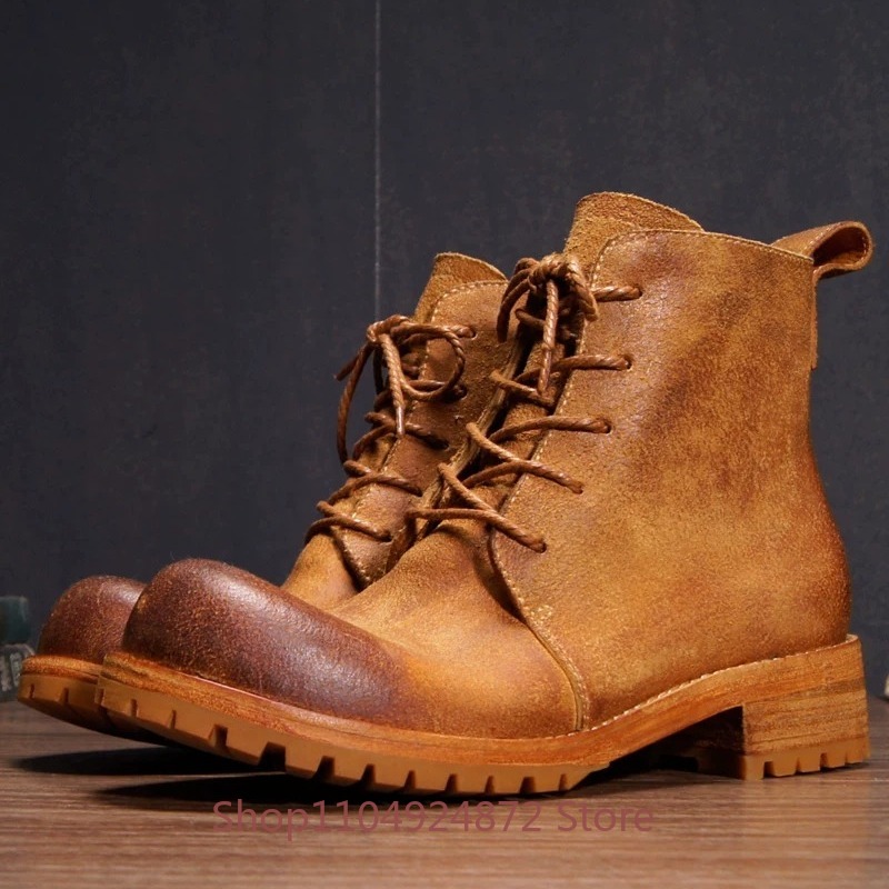 手作りレトロデザートブーツメンズ本革耐摩耗性厚底牛革ウエスタ - Leather Work Western のレビューと価格