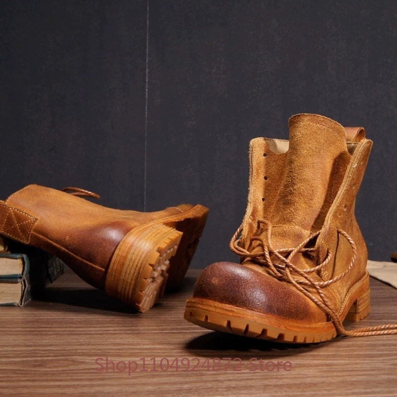 手作りレトロデザートブーツメンズ本革耐摩耗性厚底牛革ウエスタ - Leather Work Western のレビューと価格