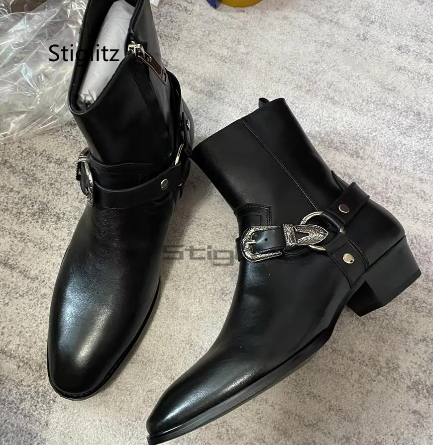 メンズベルトバックルアンクルブーツブラック本革ジップビジネス - Leather Work Western のレビューと価格