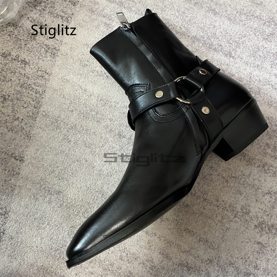 メンズベルトバックルアンクルブーツブラック本革ジップビジネス - Leather Work Western のレビューと価格
