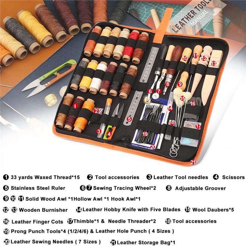 AB08-革細工ツールキット 66点セット ワックス糸、溝切 - Leatherwork Beginner Tools のレビューと価格