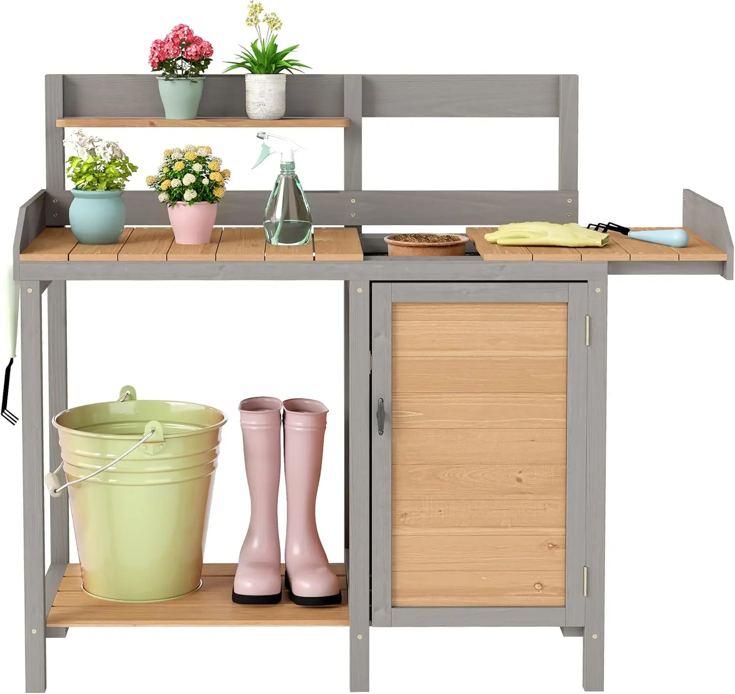 木製の植木鉢置き台（シンク付き）、屋外ガーデンテーブル兼作業 - Leatherwork Bench のレビューと価格