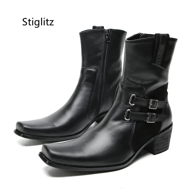 ダブルバックル本革メンズアンクルブーツ ブラック ハイヒール - Leather Work Western のレビューと価格